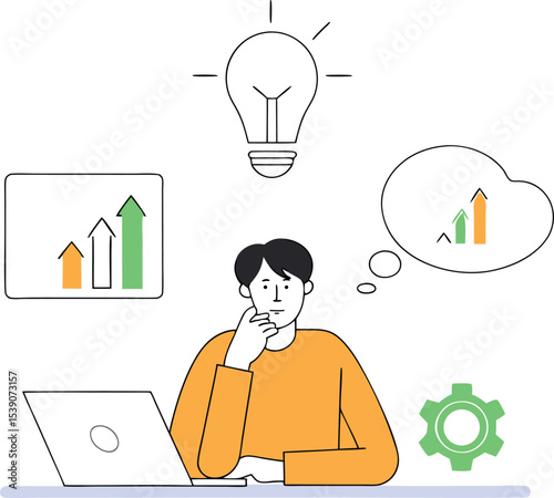 Businessman, Thinking for Business Idea Vector Illustration, Creative Planning and Innovation Concept in Flat Design