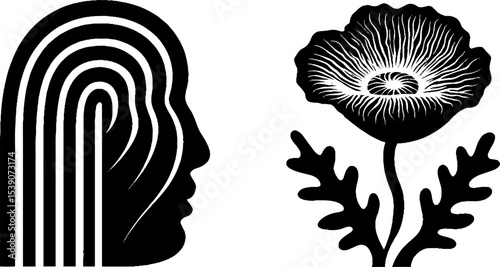 Abstract archway silhouette with philosopher bust and floral motif design