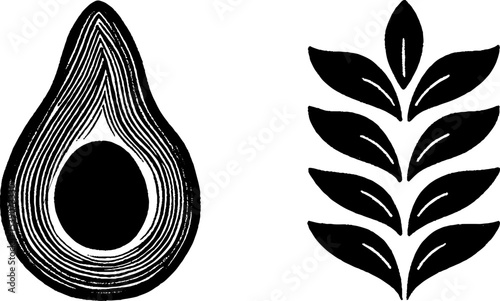 Avocado half with pit and leaf design for organic themes and nature projects