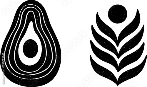 Avocado half and leaf abstract design for nature-inspired art and decor