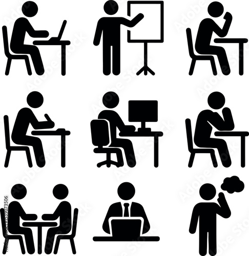 Black pictogram icons of workers thinking, typing, writing, and meeting. Ideal for business and productivity visuals.