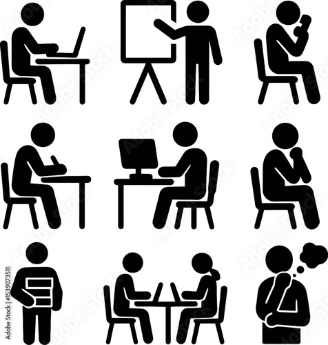 Black icons showing office workers in action — seated at desk, thinking, presenting, talking, and writing.
