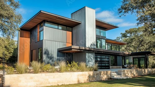 Modern house with corrugated metal roof, showcasing sleek industrial design and durable sheet metal construction