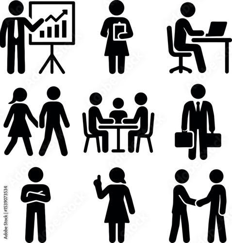 Pictogram set of business people walking, presenting, collaborating, greeting, and negotiating. Black flat