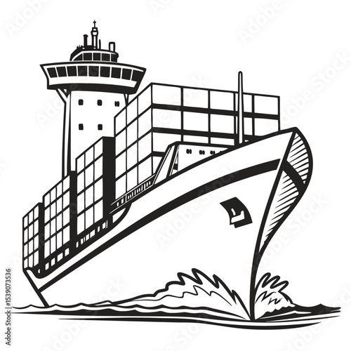 Stylized Black and White Illustration of a Cargo Ship Navigating the Open Sea with Containers Onboard, Creating Waves