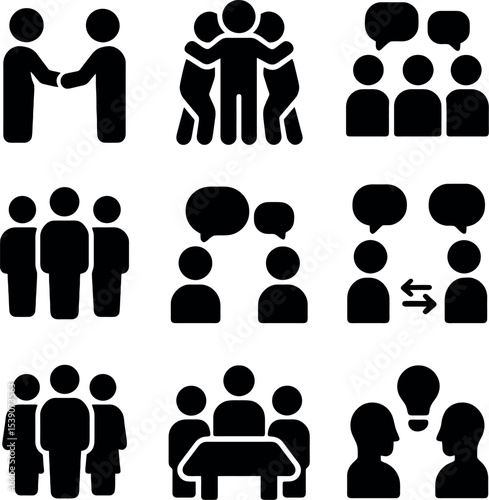 Silhouette icons of collaboration and teamwork with people in meetings, sharing ideas, and group