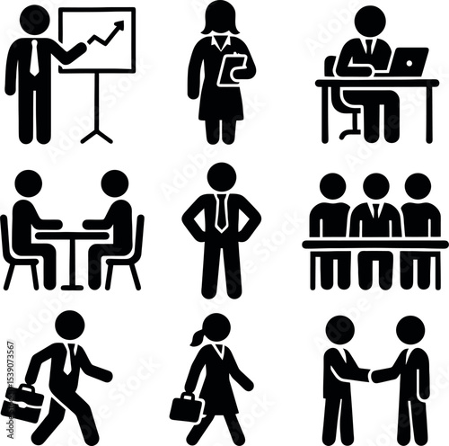 Flat black icons of professionals presenting data, sitting in meetings, working in teams, and shaking hands.