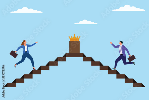 Vector illustration of a man and woman climbing stairs toward a crown from opposite sides, symbolizing equal pursuit of knowledge, ambition, and the path to leadership and success