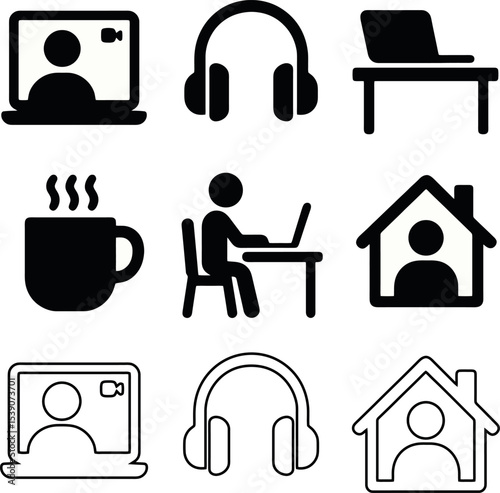 Pictogram icons of home office life with headphones, coffee, video calls, and working from home.