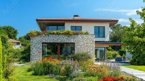 Modern house with stone facade, lush garden, and colorful flowers under bright blue sky