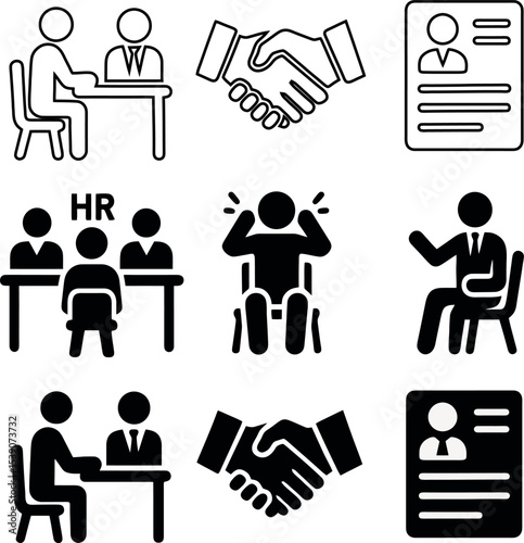 Black pictogram icons of job interviews, handshake, HR process, stress reaction, and resumes. Simple and clean for employment themes.