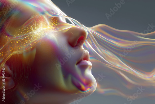 Ethereal portrait of a woman with flowing, colorful light trails and shimmering particles, capturing a dreamlike essence and conveying a sense of tranquility and wonder in a surreal atmosphere