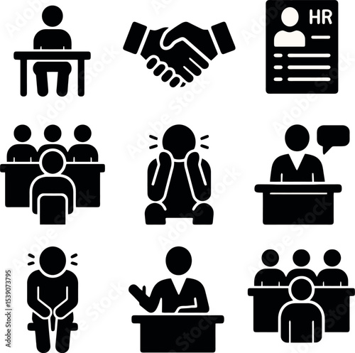 Black icons of job interviews, HR decisions, candidate stress, CV review, and recruiter communication.