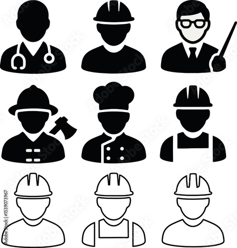 Black icons showing professionals like doctor, chef, engineer, firefighter, and factory worker in uniform.
