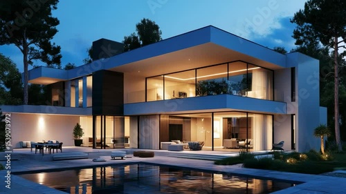 Modern luxury house exterior illuminated by soft evening lights, ideal for upscale property showcases