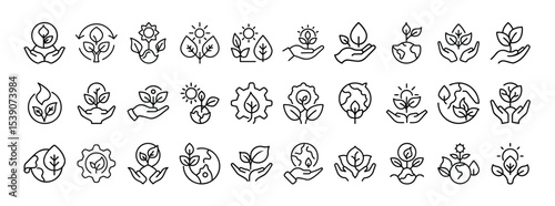 Set of Eco Nature and Organic Growth Icons – Collection of Leaf, Plant, and Green Energy Symbols in Line Art Style
