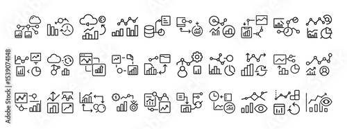 Set of Data Analytics and Business Graph Icons – Collection of Line Art Charts, Reports, and Performance Symbols