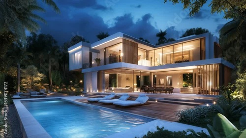 Modern luxury villa resort exterior featuring elegant architectural design and lush surroundings