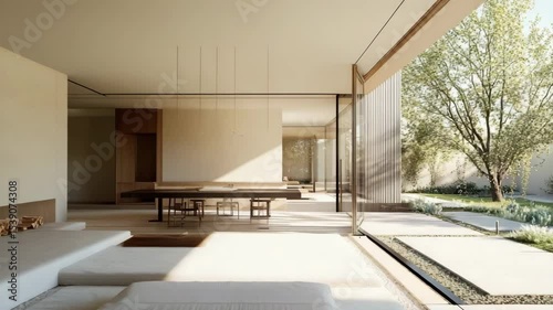 Modern minimalist house interior featuring clean lines, neutral tones, and open, orderly design for peaceful ambiance