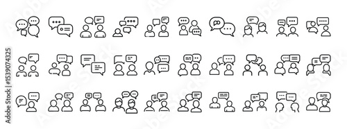 Set of Communication and Conversation Icons – Collection of People Talking, Chatting, and Social Interaction Line Symbols
