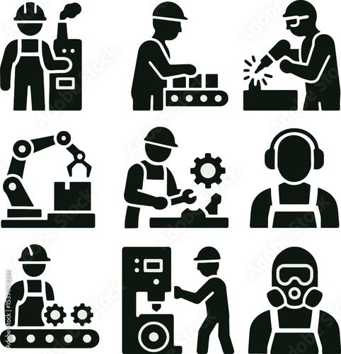 Black icons of workers in industrial environments using tools, welding, assembling, and wearing safety gear.