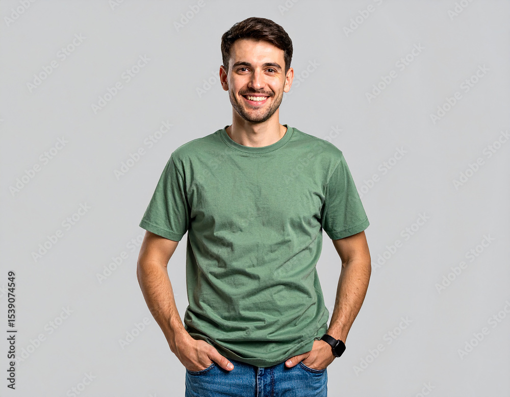 Smiling Young Man Green T Shirt Studio Portrait adult Smiling Young Man Green T Shirt Studio Portrait adult
