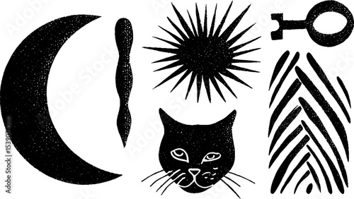 Mystical black cat with crescent, star, and key elements for creative design