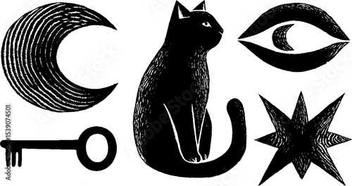 Mystical collection with black cat, crescent moon, star, and key for magical designs