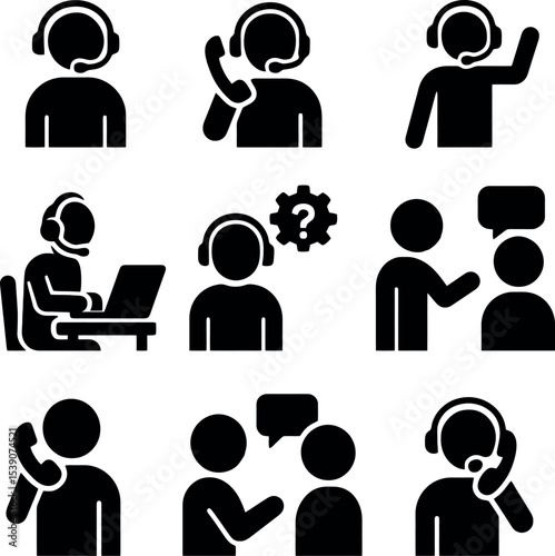 Black icons of customer service with headset, communication, question solving, and support gestures.