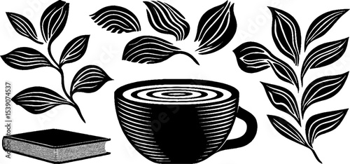 Cozy autumn vibes with coffee, book, and botanical elements for relaxation and comfort