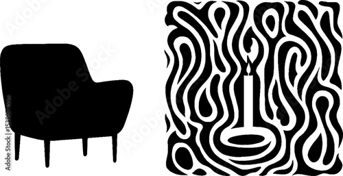 Minimalist interior design with armchair, book, and candle silhouette for relaxation and inspiration