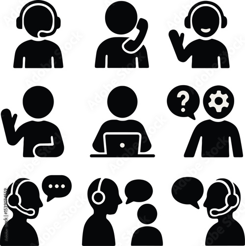 Pictogram icons of online support: agents with headset, question icon, conversation, reply, and help service.