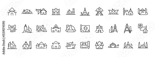 Set of Castle and Landmark Icons – Collection of Medieval Architecture, Fortresses, and Historic Monument Line Art