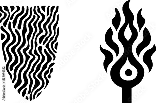 Bronze shield and torch flame symbols with abstract column patterns for design elements