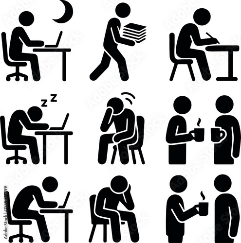 Pictogram set of people working late, drinking coffee, carrying files, and showing physical fatigue.