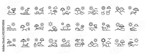 Set of Beach Vacation Line Icons – Collection of Summer Holiday, Seaside Relaxation, and Outdoor Leisure Symbols