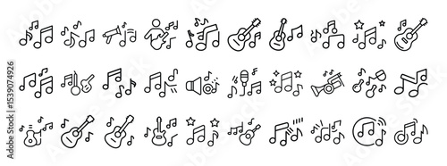 Set of Musical Line Icons – Collection of Music Notes, Instruments, and Sound Symbols for Audio and Entertainment Design