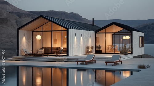 A white modern house with a...
