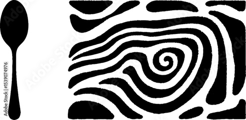 Abstract cake slice and teaspoon with swirling frosting design for culinary art projects
