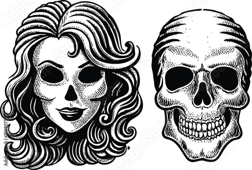Engraved Skulls Female Skull with Wavy Hair and a Male Skull