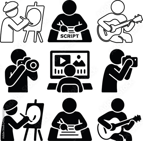 Pictogram icons of creatives including scriptwriter, guitarist, editor, painter, and photographer.