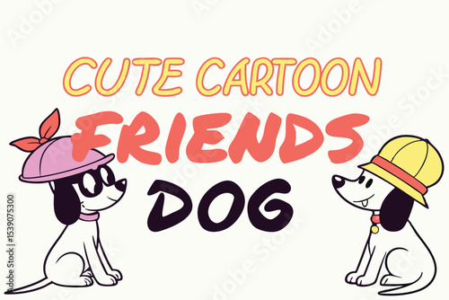Cute cartoon dog friends retro 80s style illustration