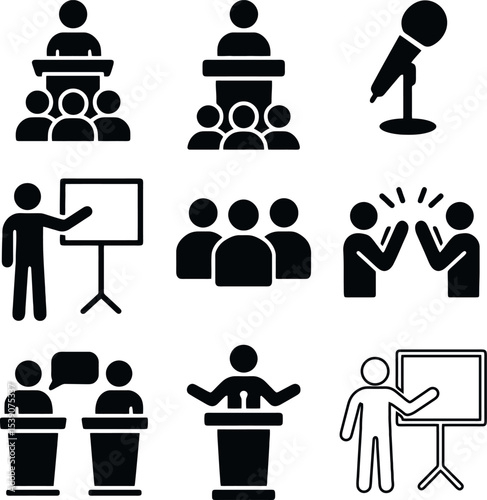Icons of public speaking: podium, crowd, presentation, microphone, debate, and audience feedback.