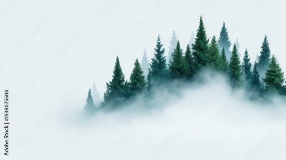 Obraz premium Misty Forest Landscape with Evergreen Trees in Soft Fog on a Calm Morning