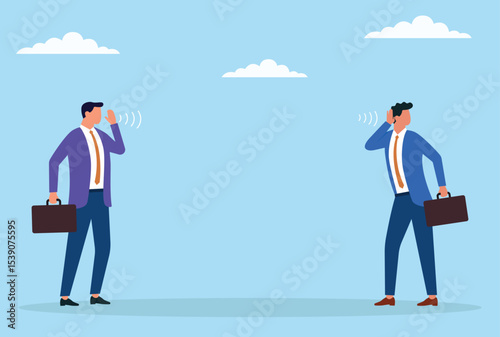 Vector illustration of a businessman shouting loudly while another businessman tries hard to listen, illustrating challenges in communication and the effort to be understood in business