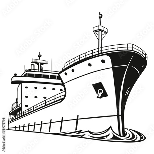 Monochrome Illustration of a Massive Cargo Ship Sailing Calmly Through the Water Depicting Nautical Power and Maritime Transport