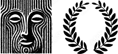 Ancient architectural elements with caryatid design and olive wreath symbol
