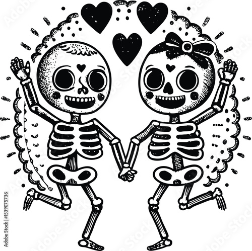 Day of the Dead Skeletons Couple Holding Hands with Hearts Above