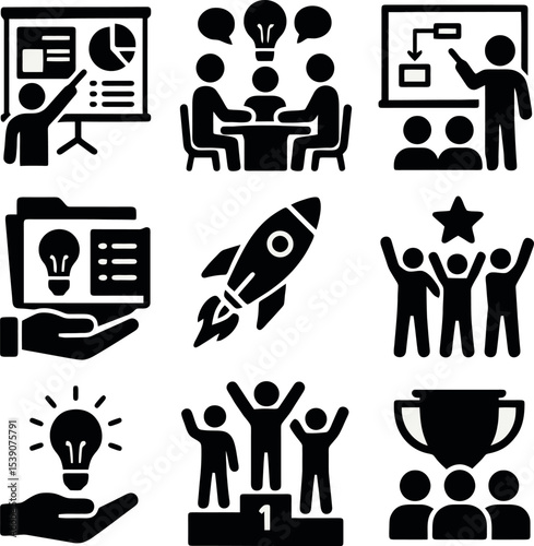 Icons of startup pitching, group brainstorming, goal achievement, rocket launch, and innovation.