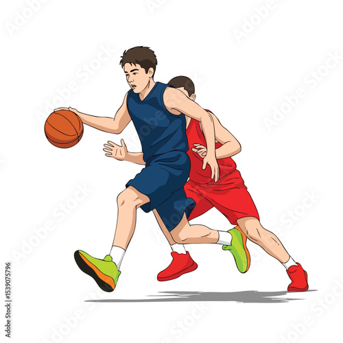 Dynamic Illustration of Two Male Basketball Players in Action Dribbling